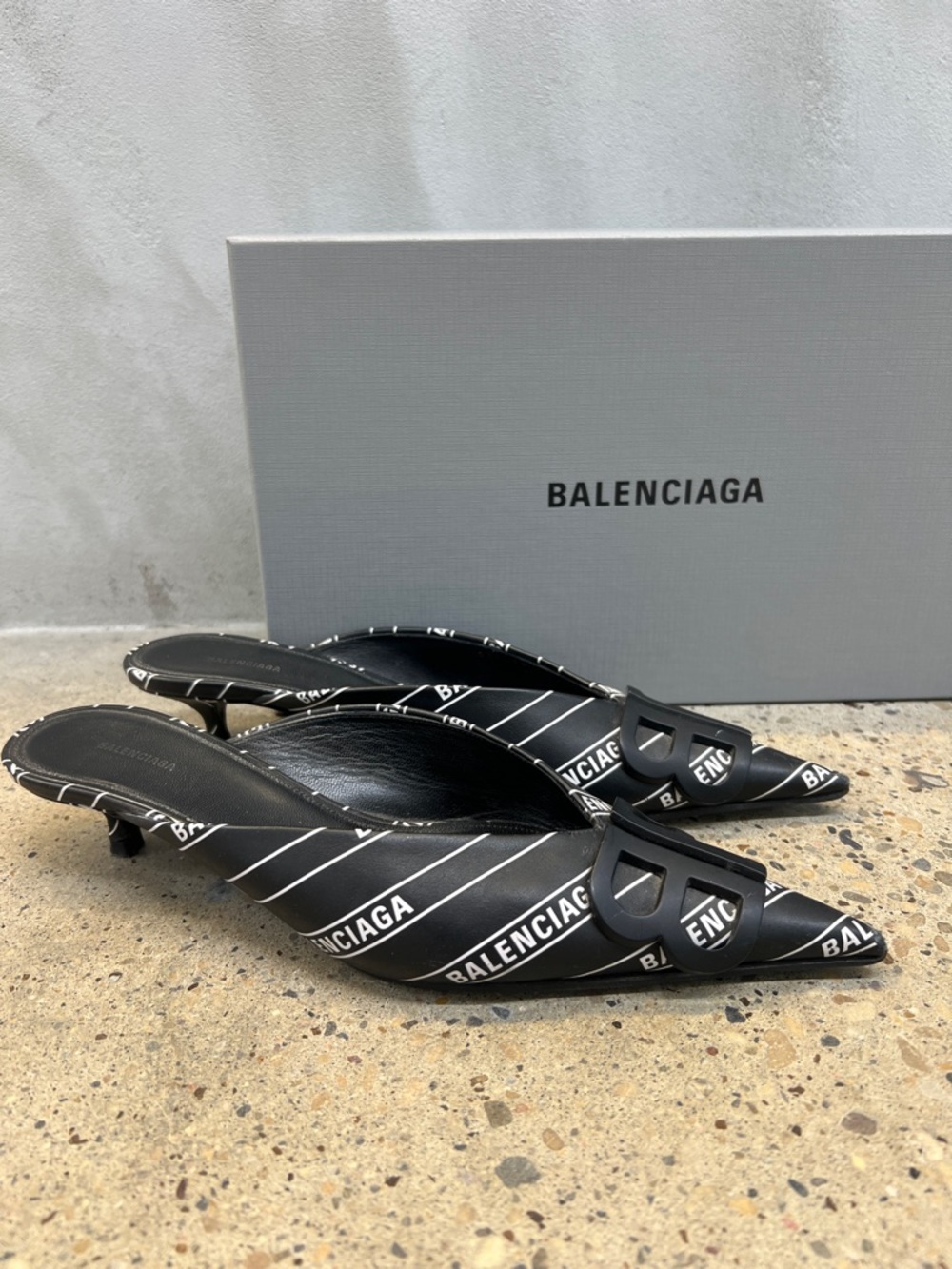 Balenciaga Black Logo-Print Pointed Mule Slides